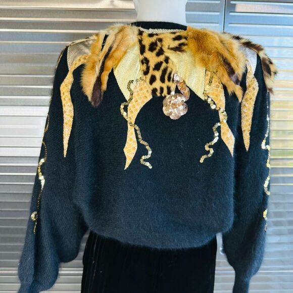 Vintage Wool Fur Sequin Leather Exquisite Pullover Sweater Circa 90s - Picture 9 of 16